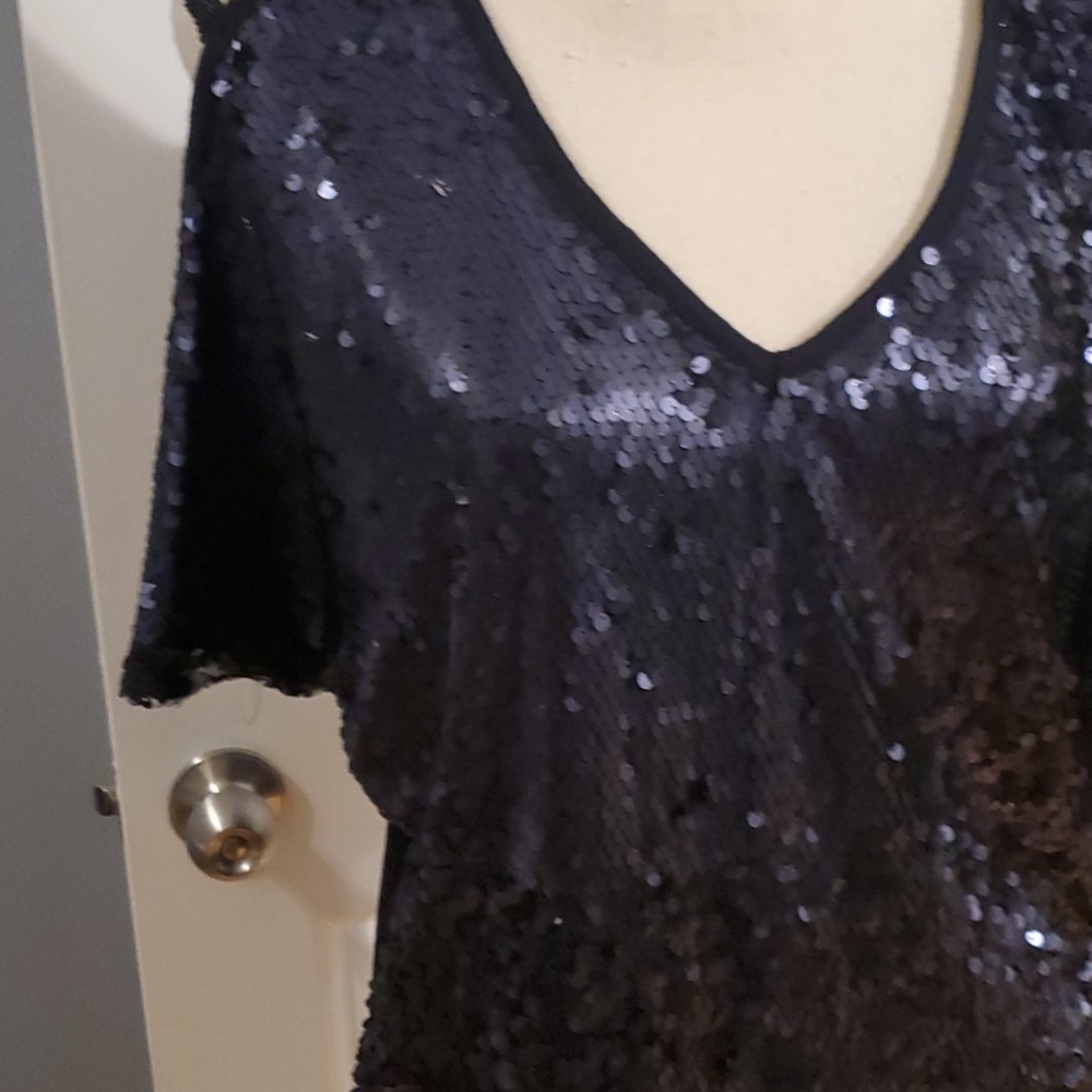 VENUS black sequin front cold shoulder top - Picture 3 of 5
